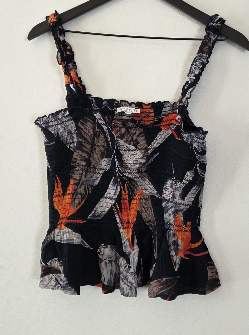 Patrons of Peace Women's Tank Top with Orange & Gray Tropical Print Size L